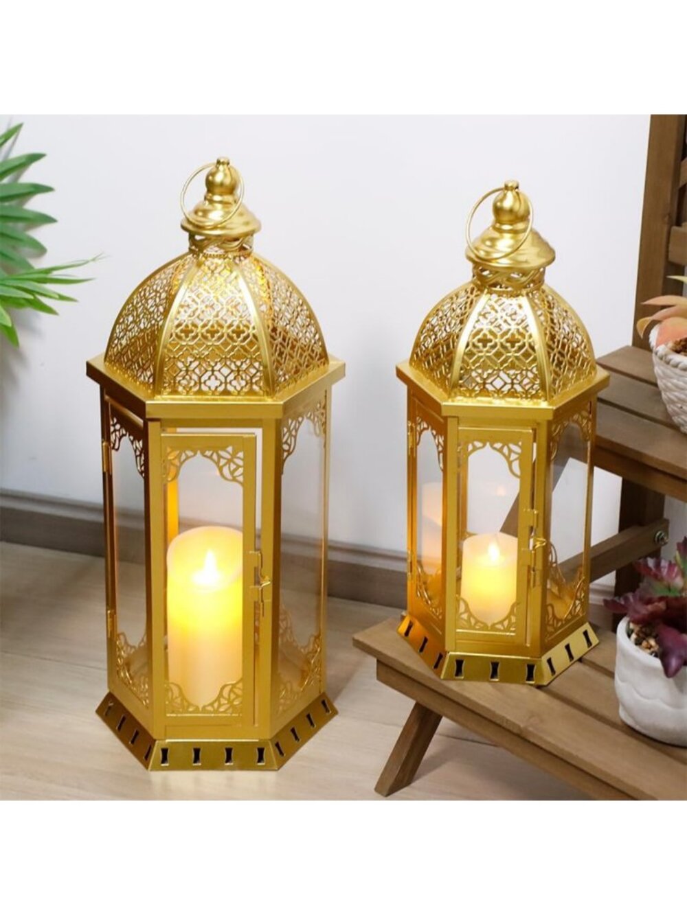 Set of 2 Vintage Metal Outdoor Candle Lanterns - Decorative Garden & Patio Decor
